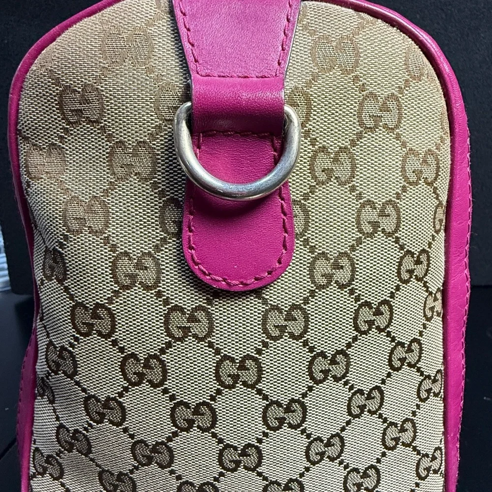 Gucci Beige GG Canvas Satchel with Bright Pink Leather Trim